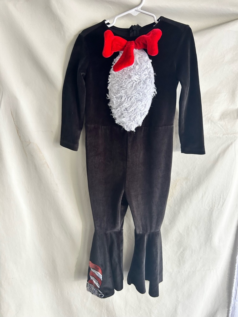 Spirit Halloween Black Cat In The Hat Jumpsuit White Chest & Red Bow | Size 3-4T